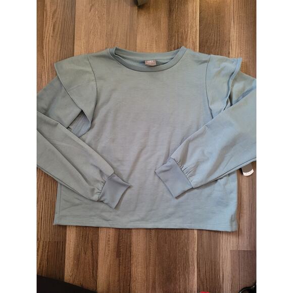 Daisy Fuentes Blue ruffled shoulder long sleeve crop sweater Size L - Picture 1 of 3